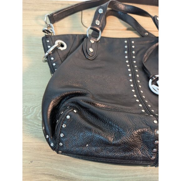 Michael Kors ASTOR Silver Stud Black Leather Bag Satchel Purse Convertible - Picture 3 of 6